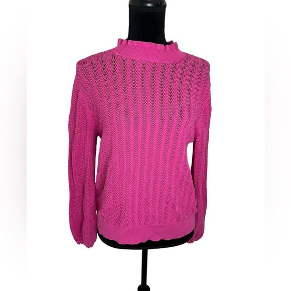 J.CREW BUBBLEGUM BARBIE PINK RUFFLE MOCK-NECK OPEN KNIT SWEATER SIZE LARGE - Picture 4 of 11